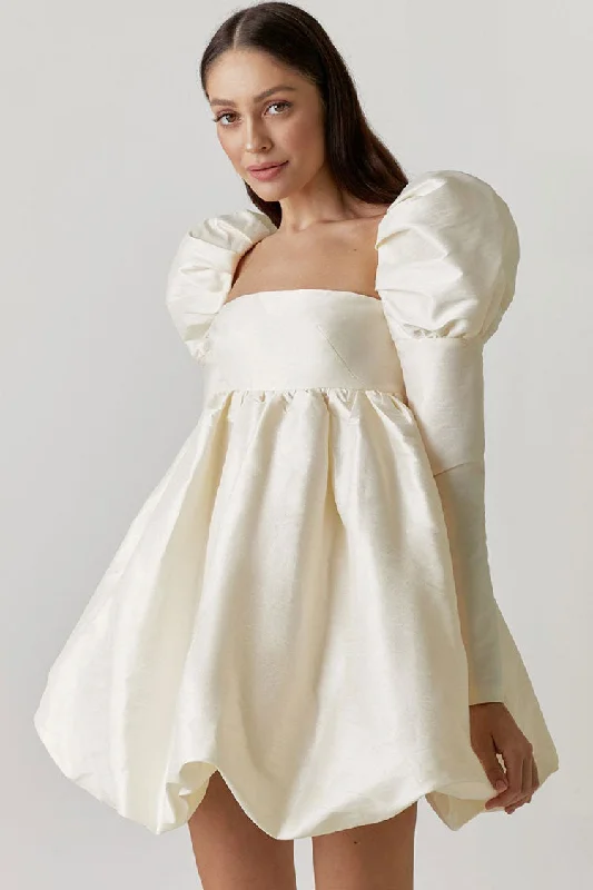 Silky Satin Square Neck Puff Sleeve Babydoll Mini Dress - Beige Square Neckline Feminine Silky Satin Square Neck Puff Sleeve Babydoll Mini Dress - Beige Square Neckline Feminine
