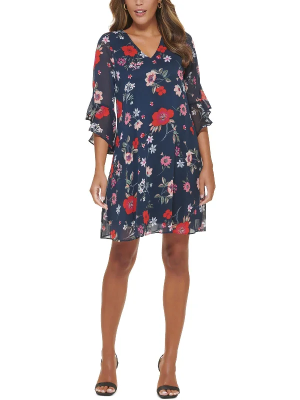 Womens Floral Print Bell Sleeve Shift Dress Tunics Sophisticated sleek