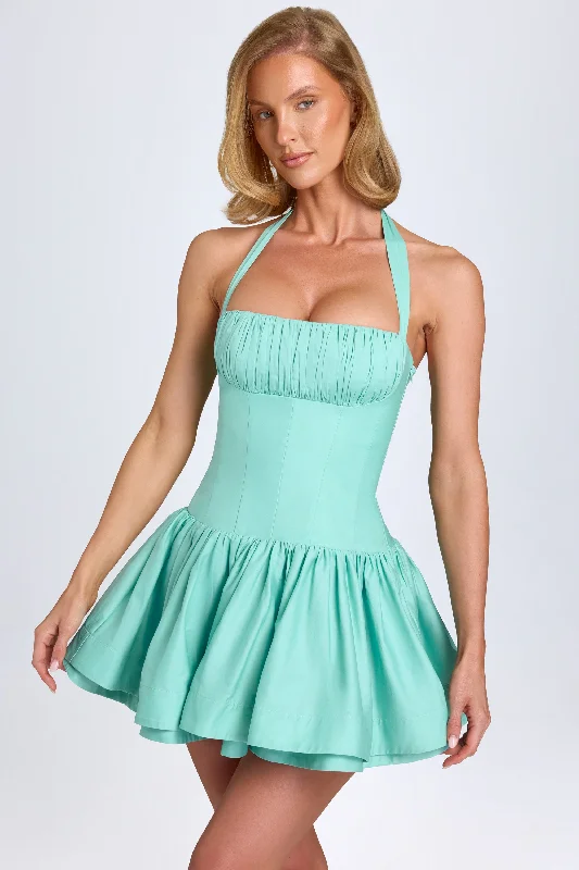 Ruched Halterneck Mini Dress in Sea Green Fashionable Off-Shoulder Mini Dress