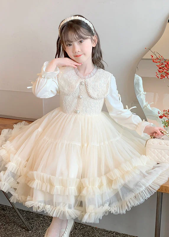 Classy Champagne Ruffled Nail Bead Tulle Patchwork Kids Maxi Dresses Fall QV040 Tunics Wedding white