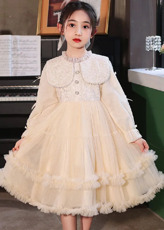 Chic Champagne Ruffled Patchwork Button Tulle Girls Maxi Dress Long Sleeve QV021 Tunics Review highly