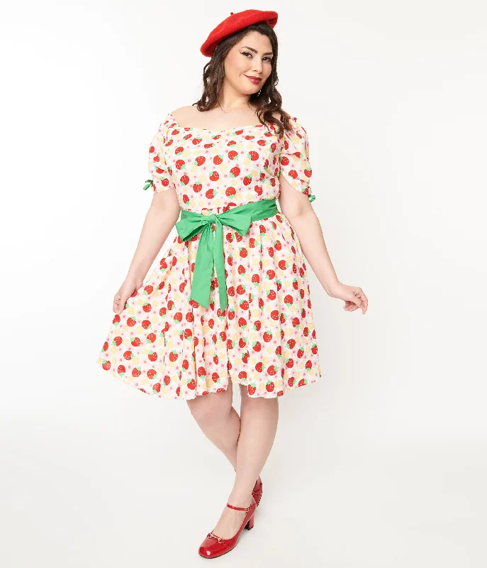 Unique Vintage Plus Size Pink Floral Strawberries Dakota Flare Dress Tunics Print Colorful Unique Vintage Plus Size Pink Floral Strawberries Dakota Flare Dress Tunics Print Colorful