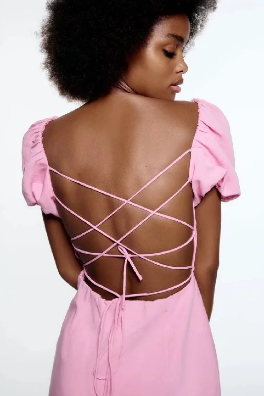 Breezy Ruched Square Neck Puff Sleeve Lace Up Back Party Mini Dress - Pink Tunics Trendy modern Breezy Ruched Square Neck Puff Sleeve Lace Up Back Party Mini Dress - Pink Tunics Trendy modern