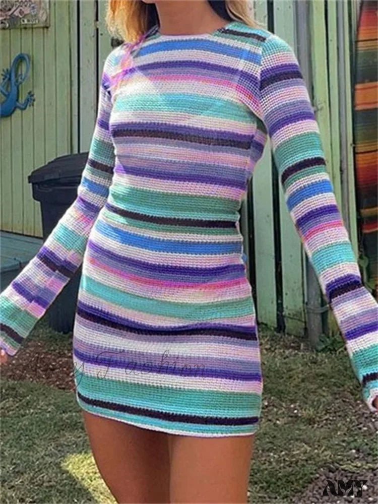 Amy Fashion - Long Sleeve Casual Striped Backless Fall Party Mini Dress Trendy Mini Dress with Belt Amy Fashion - Long Sleeve Casual Striped Backless Fall Party Mini Dress Trendy Mini Dress with Belt