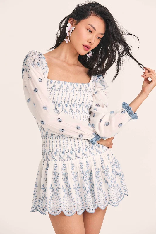 Embroidered Mini Dress in White/Blue Elegant Satin Mini Dress
