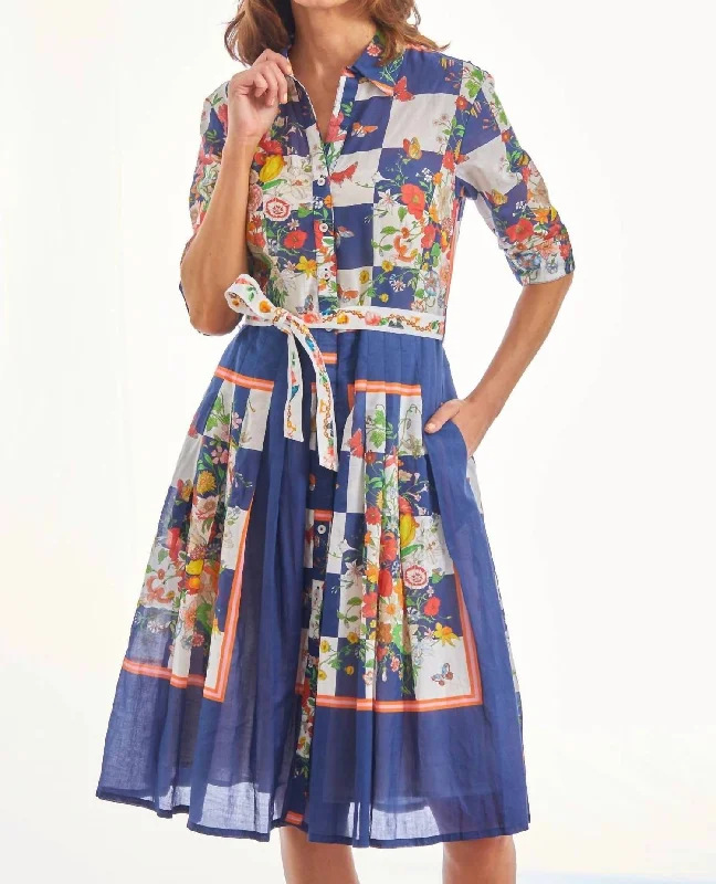 Mrs Maisel Dress In Navy Box Print With Butterflies Tunics Practical easy-care