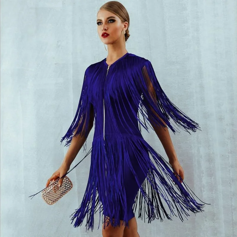 Fringe Zipper Detail Tassel Blue Mini Dress Tunics Wedding white
