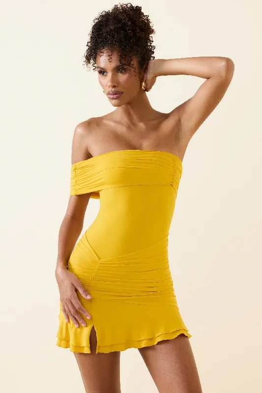 Asymmetric Ruched One-Shoulder Mini Dress in Golden Yellow Elegant Velvet Mini Dress
