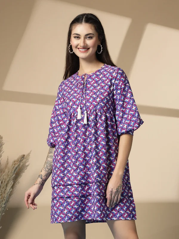 Floral Printed Layered A-Line Mini Dress Cozy Long Sleeve Mini Dress