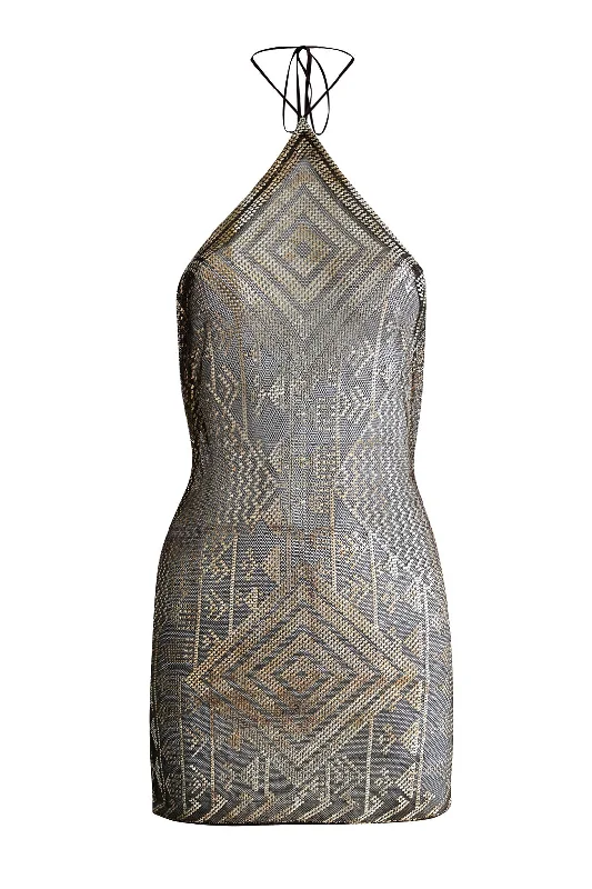 1920's Egyptian Bronze Diamond Halter Mini Dress Elegant Satin Lace Mini Dress