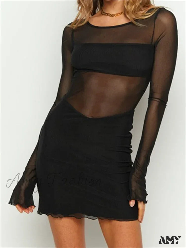 Amy Fashion - Mesh Sheer See Through Party Long Sleeve Round Mini Dress Fashionable Mini Dress with Slits Amy Fashion - Mesh Sheer See Through Party Long Sleeve Round Mini Dress Fashionable Mini Dress with Slits