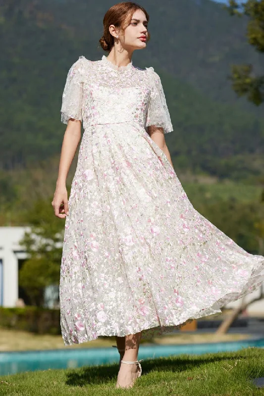 Romantic Ruffle Neck Puff Sleeve Floral Embroidered Tulle Evening Maxi Dress - Pink Tunics Bestseller popular Romantic Ruffle Neck Puff Sleeve Floral Embroidered Tulle Evening Maxi Dress - Pink Tunics Bestseller popular