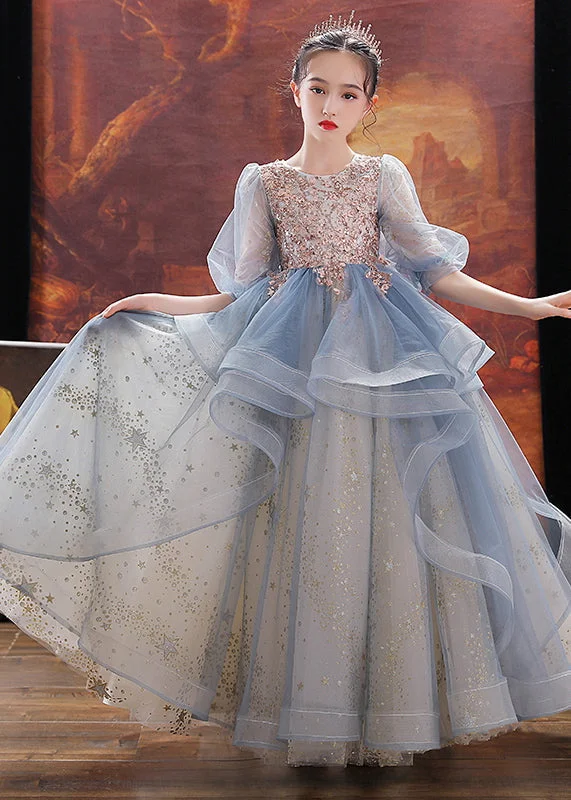 Fashion Blue O-Neck Sequins Patchwork Tulle Kids Maxi Dress Puff Sleeve QV023 empire Waist empire Fashion Blue O-Neck Sequins Patchwork Tulle Kids Maxi Dress Puff Sleeve QV023 empire Waist empire