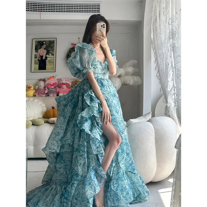 Floral Print Evening Party Dress Women 2024 Puff Sleeve Elegant Princess Long Dres Ladies France Vintage Open Fork Dress Summer Boat Neckline Classic