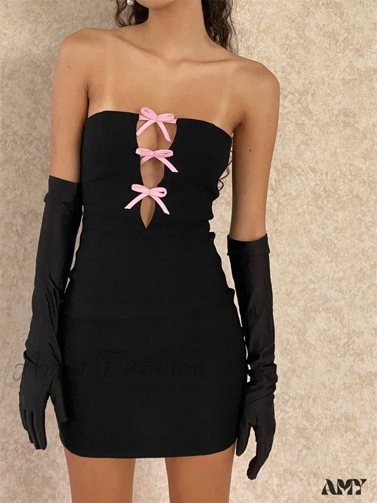 Amy Fashion - Sexy Strapless Off Shoulder Casual Bow Patchwork Cutout Mini Dress Classic Shift Mini Dress Amy Fashion - Sexy Strapless Off Shoulder Casual Bow Patchwork Cutout Mini Dress Classic Shift Mini Dress