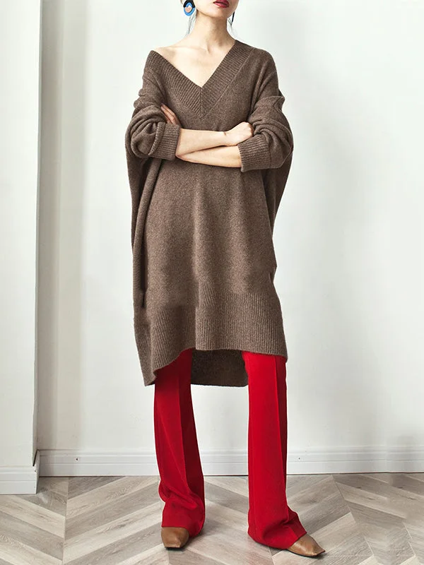 Stylish Loose Camel V-Neck Long Sleeve Sweater Dress QX006 empire Waist empire