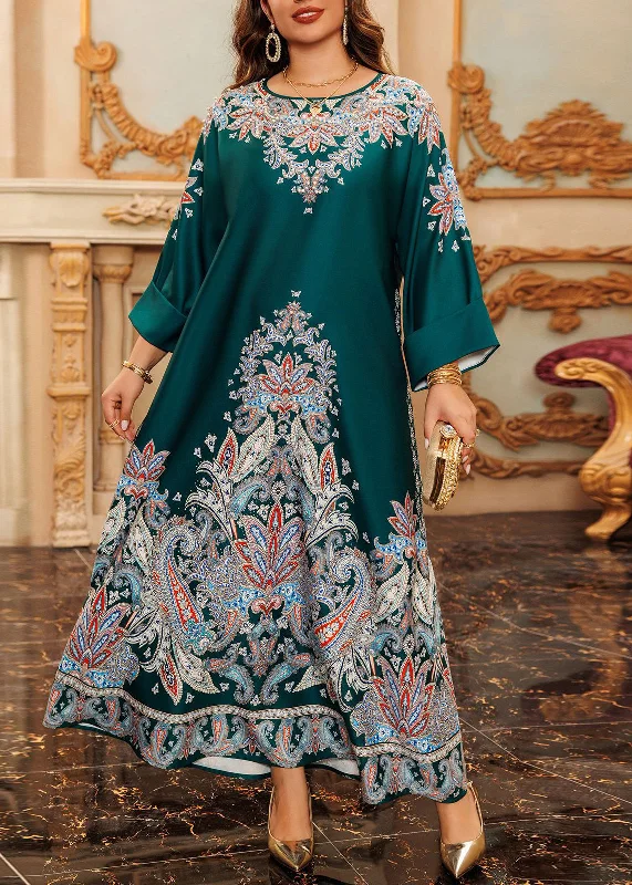 Boho Green O-Neck Print Cotton Long Dress Fall WO046 Tunics Top rated