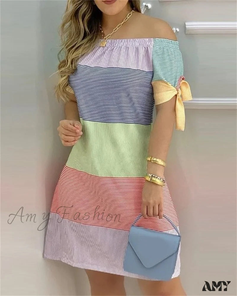 Amy Fashion - Off Shoulder Sexy Short Sleeve Bow Tie Striped Floral Print Mini Dress Elegant Silk Mini Dress