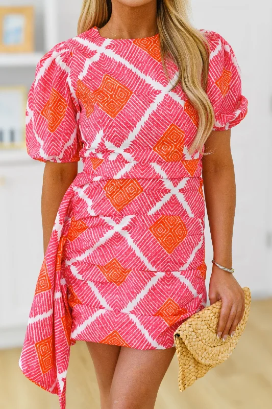 Logan Puff Sleeve Mini Dress - Pink/Orange Fashionable Party Mini Dress