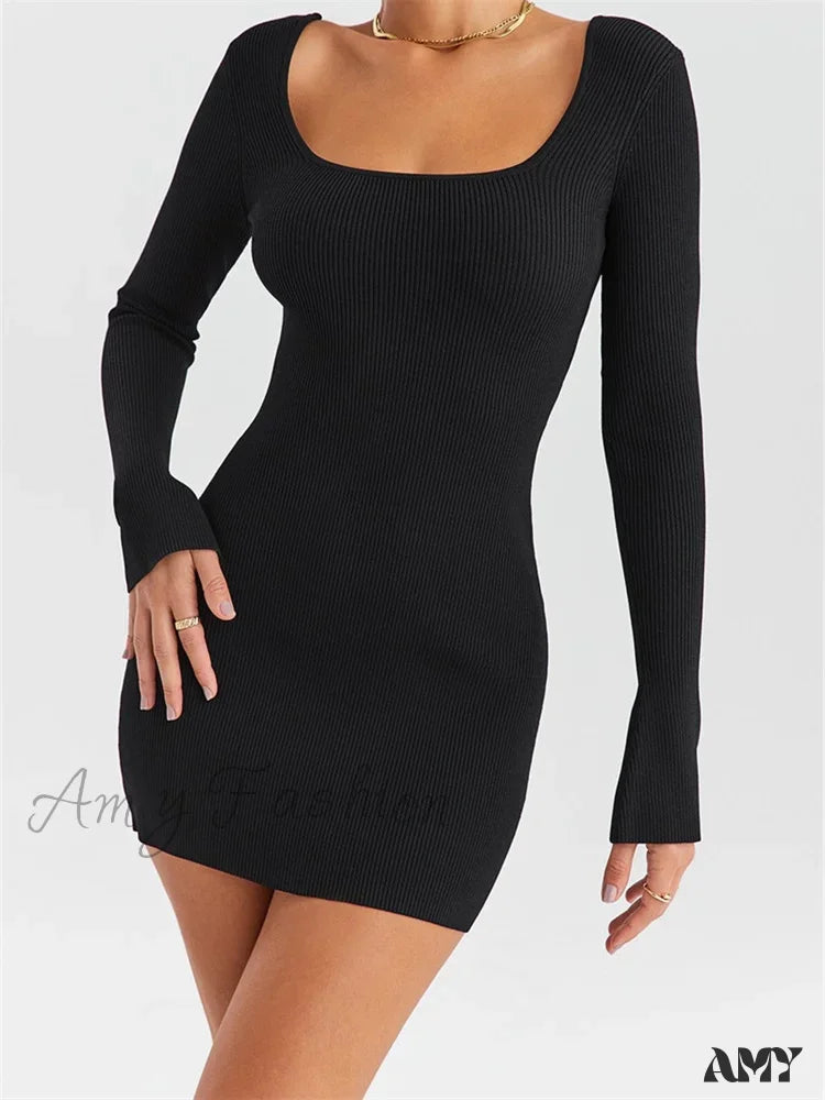 Amy Fashion - Knitted Ribbed Party Solid Long Sleeve Square Neck Mini Dress Cozy Jersey Mini Dress Amy Fashion - Knitted Ribbed Party Solid Long Sleeve Square Neck Mini Dress Cozy Jersey Mini Dress