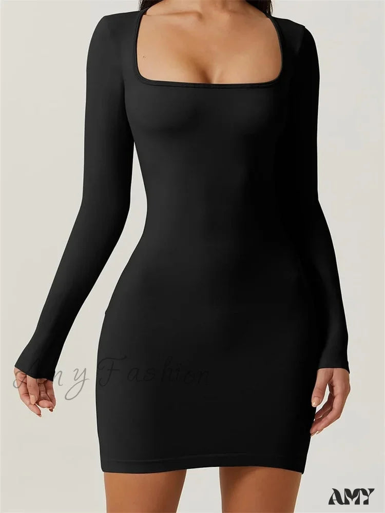 Amy Fashion - Elegant Long Sleeve Pencil Square Neck Low Mini Dress Elegant Satin Mini Dress Amy Fashion - Elegant Long Sleeve Pencil Square Neck Low Mini Dress Elegant Satin Mini Dress