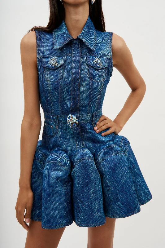 Fur Printed Godet Mini Dress Indigo Multi Elegant Floral-Print Mini Dress