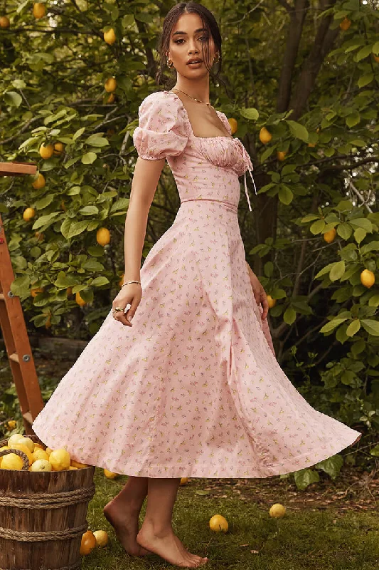 Puff Sleeve Ditsy Floral Tie Front High Slit Midi Dress - Pink Tunics Trendy modern