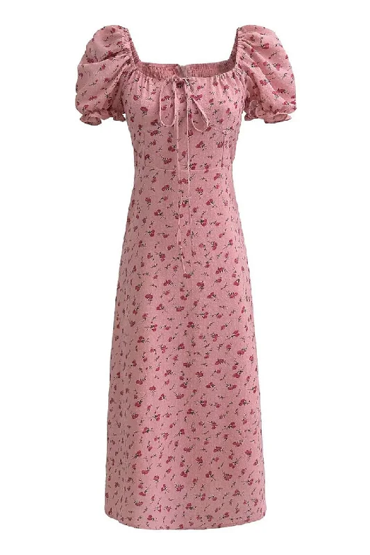 Sweet Bow Tie Square Neck Puff Sleeve Cotton Seersucker Floral Midi Dress Tunics Review highly Sweet Bow Tie Square Neck Puff Sleeve Cotton Seersucker Floral Midi Dress Tunics Review highly
