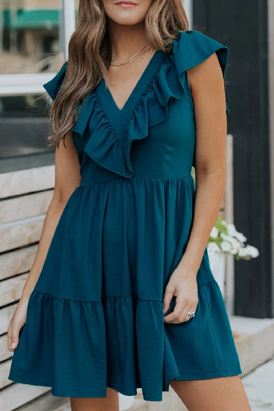Blue V-Neck Tiered Ruffle Mini Dress with Smocked Back Comfortable Shift Mini Dress