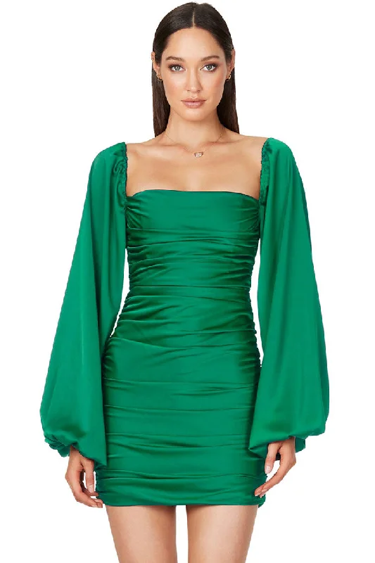 Silky Satin Square Neck Bishop Sleeve Ruched Party Mini Dress - Green Tunics Versatile all-occasion Silky Satin Square Neck Bishop Sleeve Ruched Party Mini Dress - Green Tunics Versatile all-occasion