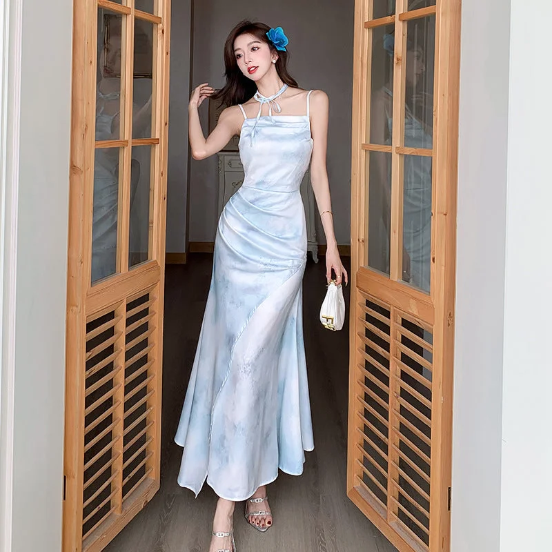 IKEARLAX Elegant Women's Clothing High Sense Printing Slip Dress New Women's Summer Slimming Fitted Waist Pleated Fishtail Dress Tunic Top Casual IKEARLAX Elegant Women's Clothing High Sense Printing Slip Dress New Women's Summer Slimming Fitted Waist Pleated Fishtail Dress Tunic Top Casual