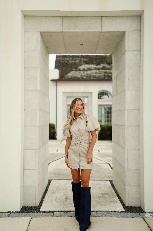 Hallie Mini Dress - Taupe Trendy A-Line Mini Dress