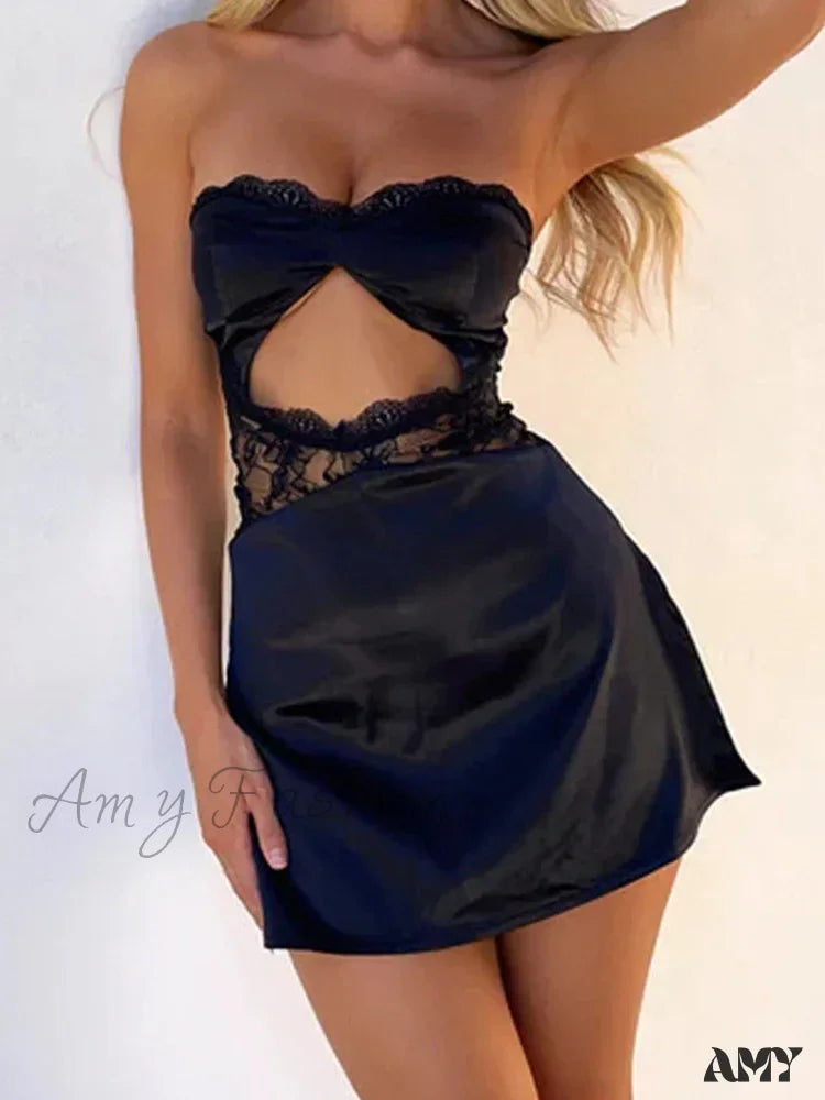 Amy Fashion - Lace Sexy Spaghetti Strap See Through Backless Mini Dress Elegant Satin Lace Mini Dress