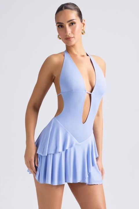 Ruffled Cut-Out Halterneck Mini Dress in Periwinkle Blue Stylish Button-Down Mini Dress