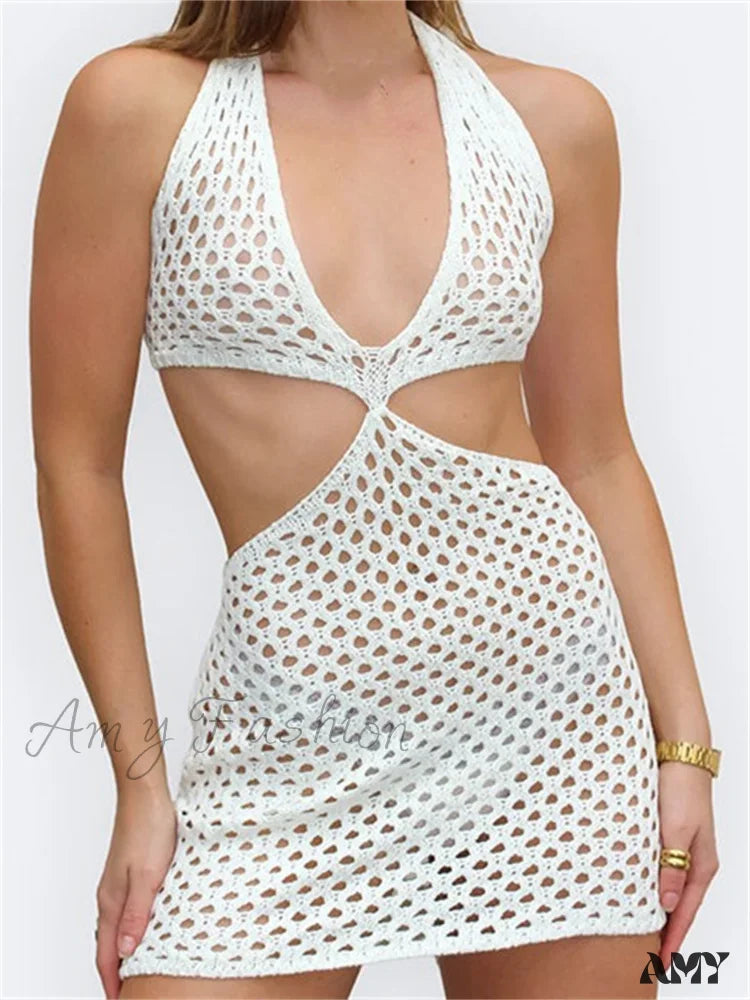 Amy Fashion - Knitted Halter Hollow Out Summer Sexy Lace Up Mini Dress Stylish Floral Print Mini Dress Amy Fashion - Knitted Halter Hollow Out Summer Sexy Lace Up Mini Dress Stylish Floral Print Mini Dress