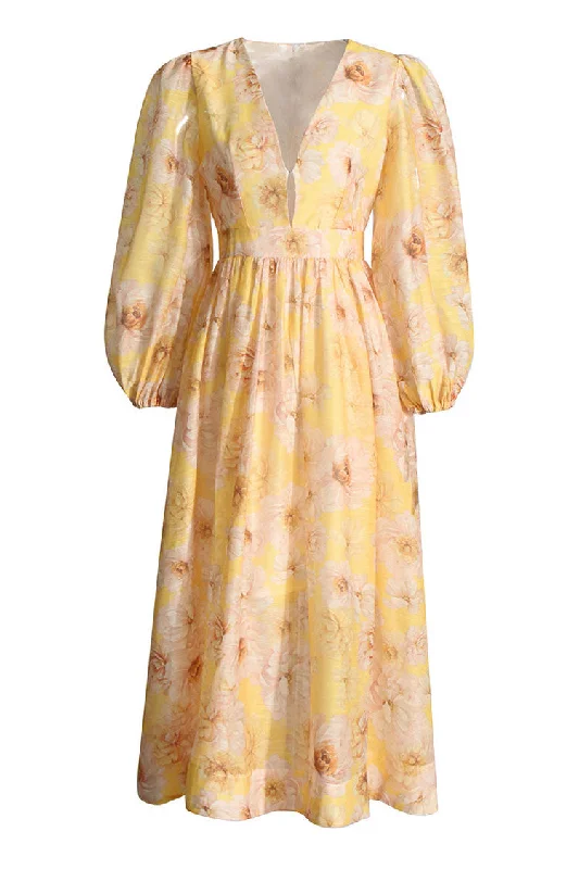 Celebrity Plunge Blouson Sleeve Gathered Fit and Flare Floral Print Midi Dress Tunics Distressed trendy Celebrity Plunge Blouson Sleeve Gathered Fit and Flare Floral Print Midi Dress Tunics Distressed trendy