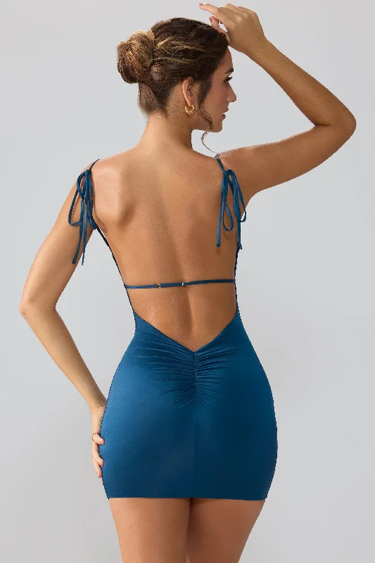 Slinky Jersey Open Back Mini Dress in Midnight Blue Stylish Ruffle Mini Dress