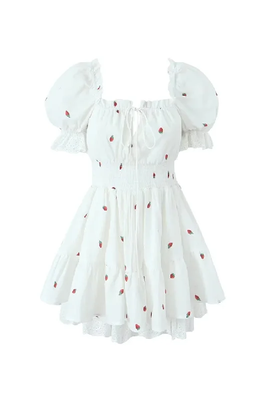Girlish Strawberry Print Tie Neck Smock Waist Summer Lace Tiered Mini Dress Floral Print girly Girlish Strawberry Print Tie Neck Smock Waist Summer Lace Tiered Mini Dress Floral Print girly