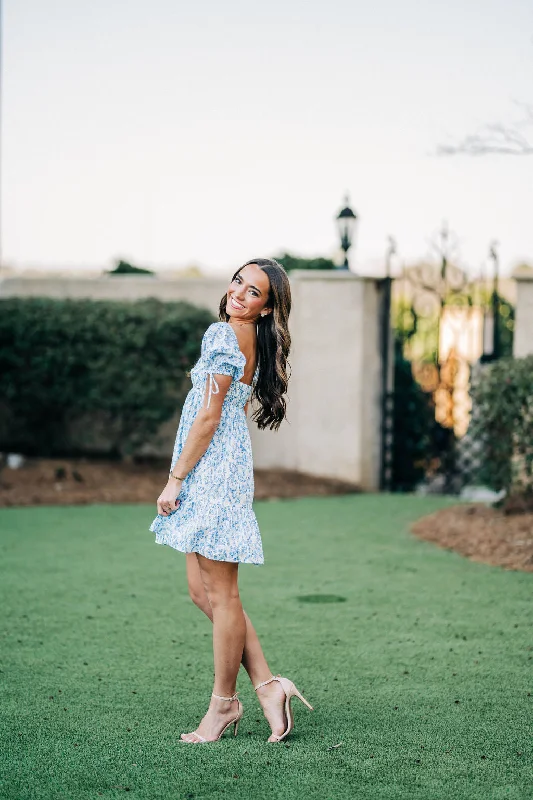 Spring Florals Mini Dress - Blue/White Trendy A-Line Mini Dress