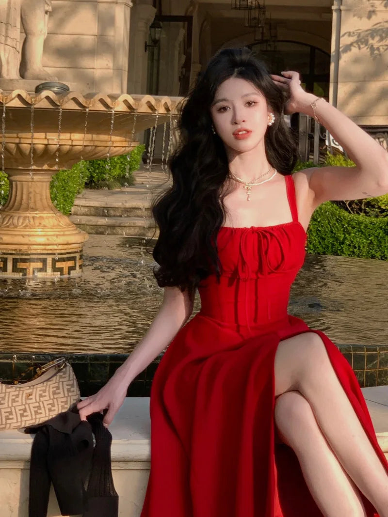 French Elegant White Strap Midi Dress Summer New Casual Evening Party Dress Women Beach Sleeveless Lace-up Red Dress Korean Bodycon Club Sequined French Elegant White Strap Midi Dress Summer New Casual Evening Party Dress Women Beach Sleeveless Lace-up Red Dress Korean Bodycon Club Sequined