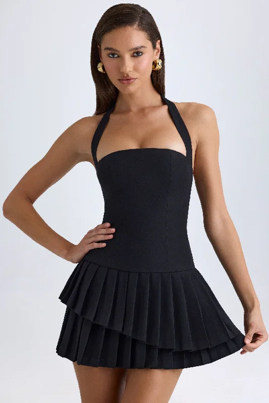 Asymmetric Layered Halterneck Mini Dress in Black Casual High-Waist Mini Dress