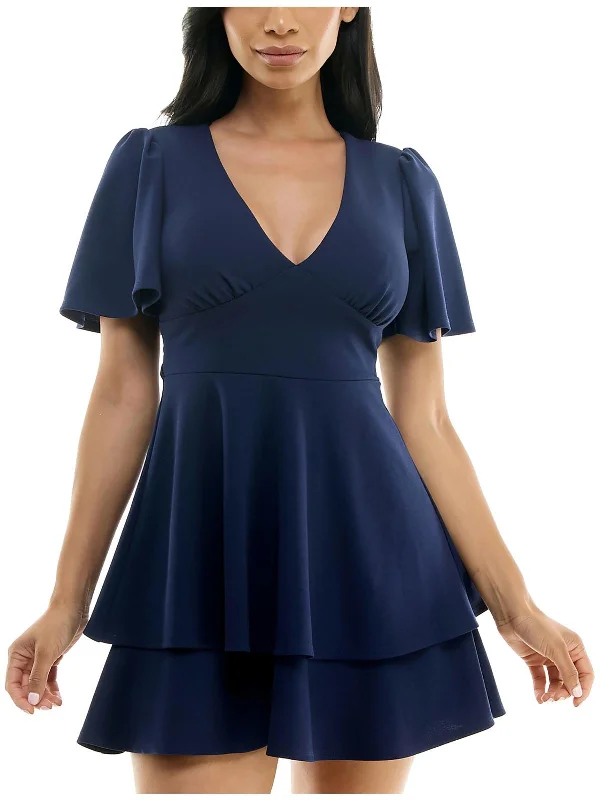 Juniors Womens Semi-Formal Mini Cocktail And Party Dress Crew Neckline Casual