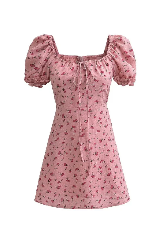 Sweet Bow Tie Square Neck Puff Sleeve Cotton Seersucker Floral Mini Dress Tunics Summer linen Sweet Bow Tie Square Neck Puff Sleeve Cotton Seersucker Floral Mini Dress Tunics Summer linen