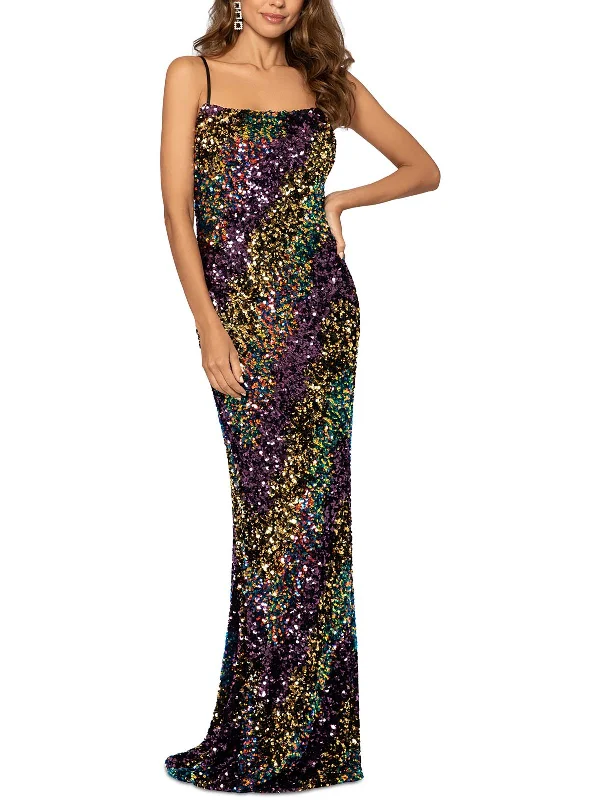 Womens Sequined Lace-Up Back Evening Dress Tunics stripes playful