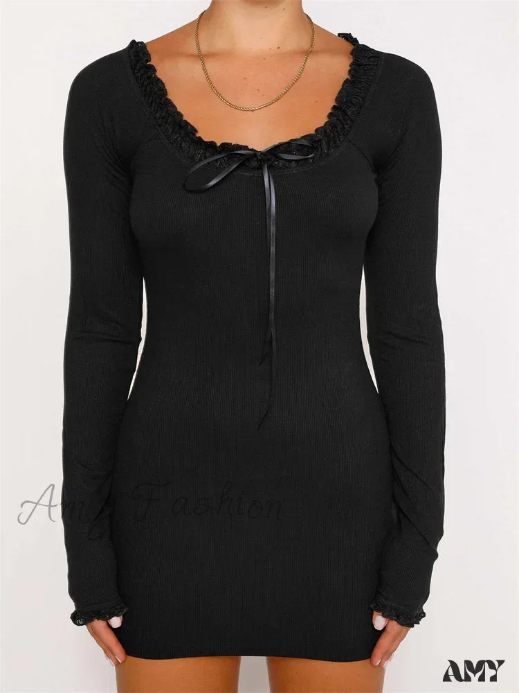 Amy Fashion - Lace Bow Patchwork Spring Autumn Ribbed Mini Dress Chic Pleated Mini Dress Amy Fashion - Lace Bow Patchwork Spring Autumn Ribbed Mini Dress Chic Pleated Mini Dress