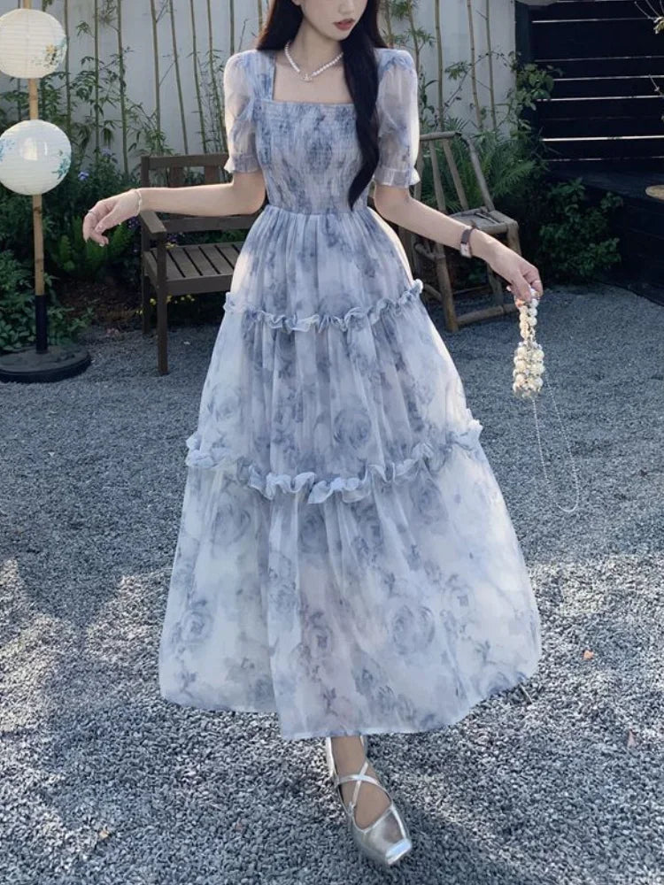 Fairycore Flower Long Evening Dress Women Korean Style Puff Sleeve Tunic Graduation Dresses Elegant Chic Prom Vestidos Tunics Bridal satin Fairycore Flower Long Evening Dress Women Korean Style Puff Sleeve Tunic Graduation Dresses Elegant Chic Prom Vestidos Tunics Bridal satin