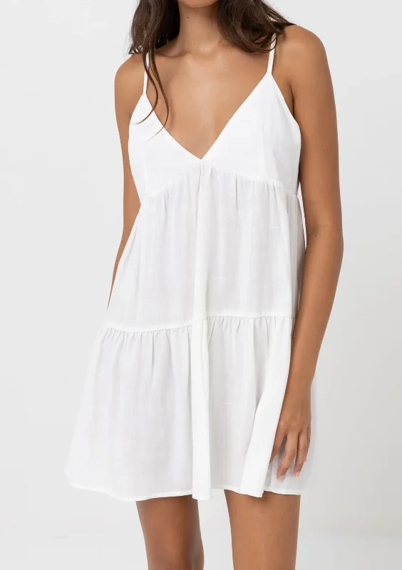 Classic Tiered Mini Dress- White Trendy Tie-Dye Mini Dress