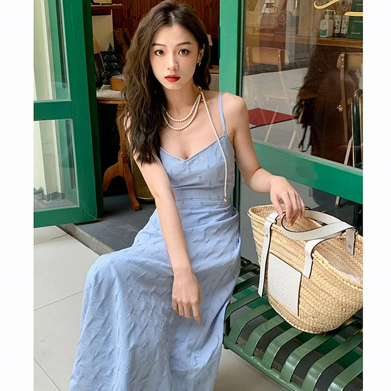 IKEARLAX Style Blue Sling Dress Women's Summer  New Seaside Holiday Fitted Waist Backless Dress Tunics Satin smooth