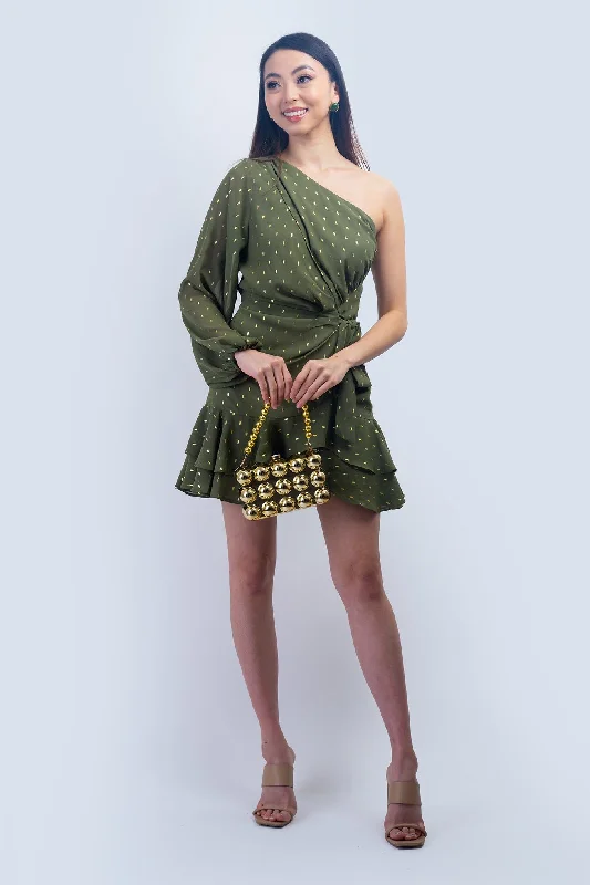 Olive & Gold One Shoulder Mini Dress Fashionable Mini Dress with Pockets