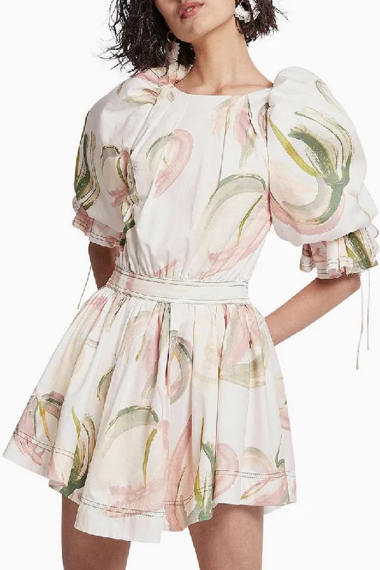 Ruffle Puff Sleeve Cutout Black Floral Printed Mini Dress - White Tunics Velvet soft Ruffle Puff Sleeve Cutout Black Floral Printed Mini Dress - White Tunics Velvet soft